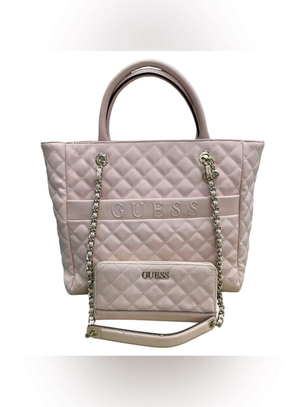 GUESS Light Pink Quilted Tote with Chain-Detail Straps